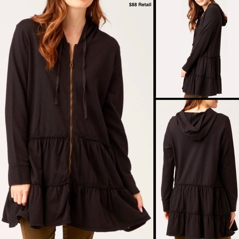XCVI WEARABLES Brionna Zip Hoodie XL Black Babydoll Fleece Peplum Tiered Jacket